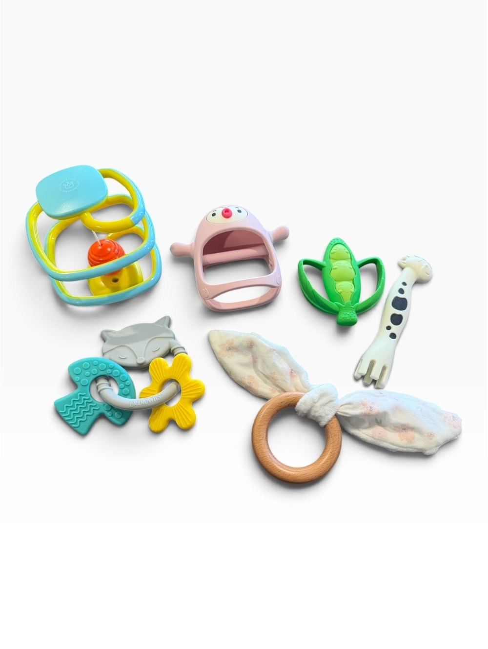 Set of 6 Baby Teething Toys Including Manhattan Toy, Dr. Brown's, and Wooden Tee